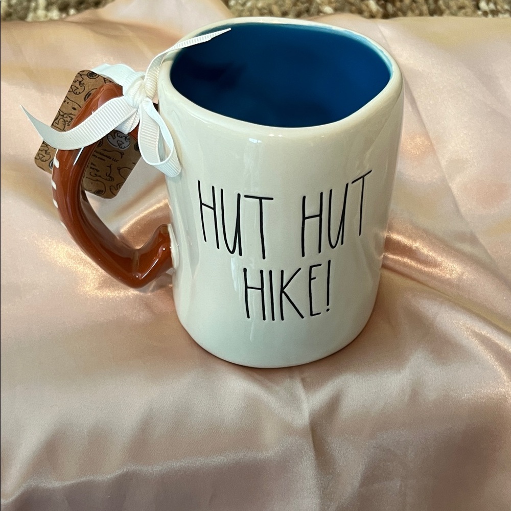 NWT Rae Dunn PeanutsWhite Mug w/Blue Interior  Brown Handle - 'Hut Hut Hike!'